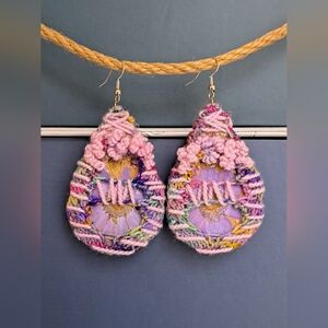 Handcrafted Pink and Purple Knitted Earrings With Dry Flowers